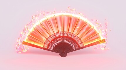 Poster - Celestial War Fan, a vibrant 3D illustration showcasing a mystical fan radiating energy, set against a pristine white backdrop, symbolizing power and elegance.
