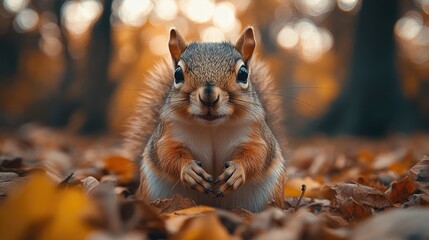 Wall Mural - squirrel portrait with autumn leaves background in the forest during fall season