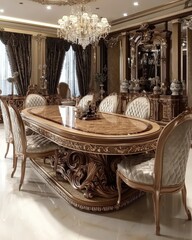 Wall Mural - Opulent Dining Room Interior: Luxurious Mahogany Table and Elegant Chairs.