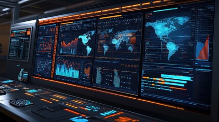 Poster - A large screen displaying real-time data on production performance and supply chain logistics.