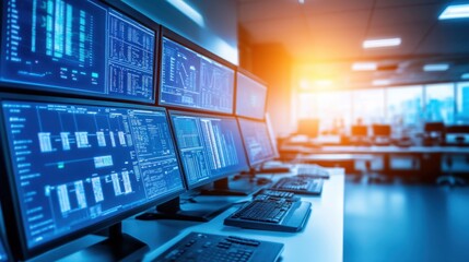 Poster - A modern factory control room filled with multiple screens monitoring production efficiency.