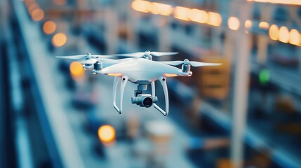 Poster - A top-down view of an industrial drone inspecting a production line for quality assurance.