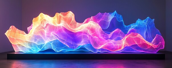 Wall Mural - A large, dynamic neon wave with radiant pulses of color, shifting from bright magentas to deep blues, as if made of liquid light, undulating across the dark backdrop.