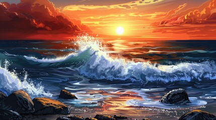 Wall Mural - A dramatic ocean sunset with waves crashing against rocks in a high-contrast landscape style