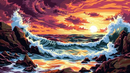 Wall Mural - A dramatic ocean sunset with waves crashing against rocks in a high-contrast landscape style