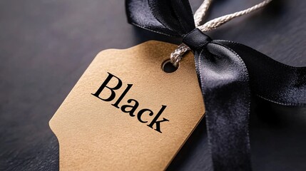 Aufkleber - Golden tag with black inscription on dark background with ribbon, perfect for black friday