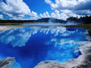 Reflections of clouds over a bright blue natural pool on a sunny day landscape