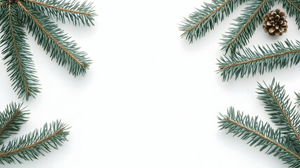 Wall Mural - Festive pine branches and cone frame on white; holiday background for cards