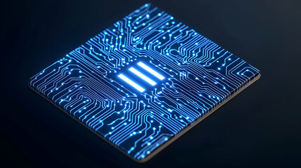 Poster - Glowing circuit board with pause symbol; data processing; dark background; technology concept