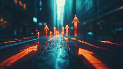 Poster - A creative stock chart visualization with arrows launching from the floor, stepping up in equal intervals, and running onto the wall, symbolizing growth and progress
