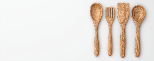 Wooden Kitchen Utensils Set Arranged Neatly on Clean White Background  Natural and Simple Cooking Tools for Domestic or Professional Kitchen Use