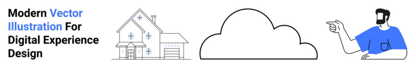 House with chimney, simple outlined cloud, person pointing with gesture. Ideal for technology, cloud computing, architecture, networking, user interface, web development flat landing page banner