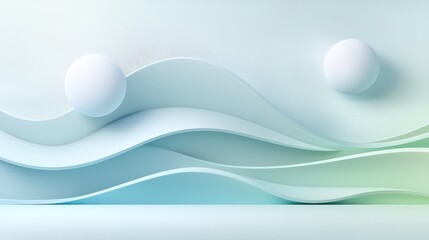 Poster - A minimalist design of gently rippling waves in light blue, blending into soft green tones, evoking a feeling of peaceful calmness.