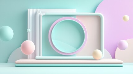 Poster - A visually dynamic image with layered curves, circles, and squares in pastel tones of lavender, mint green, and light blue, using negative space for balance and simplicity.