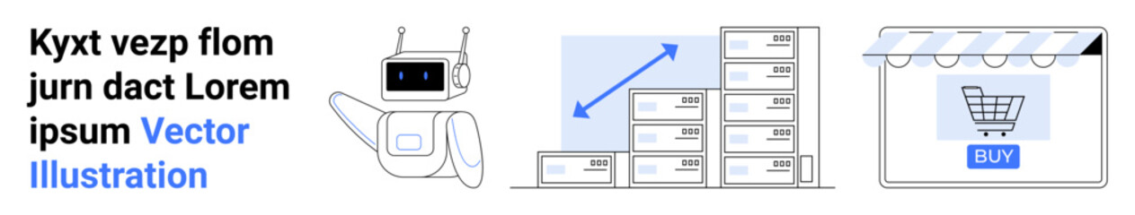 Robot with waving hand, product stack showing upward growth arrow, and online store interface. Ideal for automation, technology, e-commerce, growth, retail, marketing innovation flat landing page
