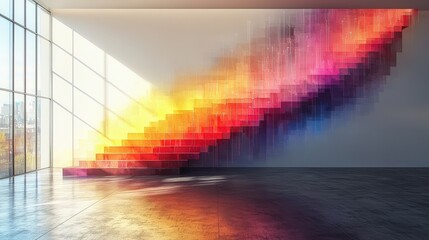 Poster - Vivid arrows rise from the floor, forming a stepped stock chart pattern that ascends to the highest point, equally spaced, and flows onto the wall in a modern, artistic style