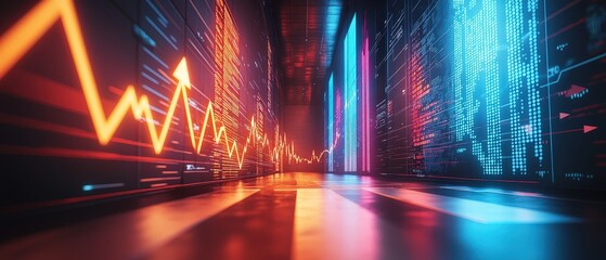 Poster - A creative stock chart visualization with arrows launching from the floor, stepping up in equal intervals, and running onto the wall, symbolizing growth and progress