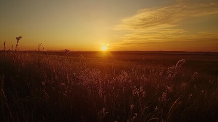 Wall Mural - golden sunrise illuminates a field of tall grass creating a warm tranquil scene at dawn