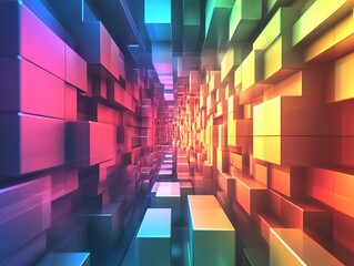 Poster - Colorful 3D Cube Tunnel With Dynamic Lighting Effects Showcasing Vibrant Hues and Geometric Shapes