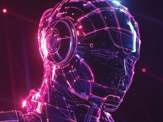Poster - Futuristic Robot Head With Glowing Circuits and Headphones in a Dark, Neon-Lit Environment