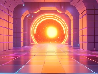 Poster - Futuristic Hallway With Vibrant Neon Lights Leading to a Glowing Portal at Sunset