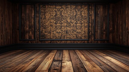 Canvas Print - Dark wood room, ornate wall, empty floor, interior design