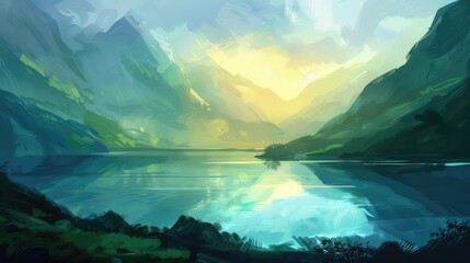 Wall Mural - A peaceful lake surrounded by mountains with reflections in the water in a serene landscape style