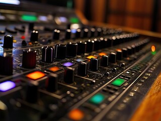 Close-up view of a professional audio mixing console with various knobs and buttons