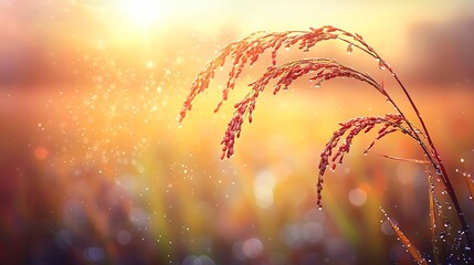 Wall Mural - Golden Field Grass at Sunrise  Nature's Beauty Displayed in Sunlight and Dew  Captivating Tranquility.