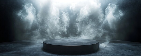Wall Mural - a mysterious black stage with swirling white smoke, creating a dramatic abstract backdrop for produc