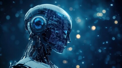 Poster - Futuristic Robot Head with Circuitry and Glowing Details