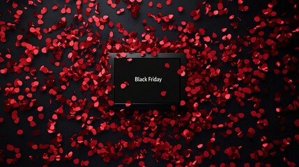 Poster - Black friday sign surrounded by red confetti on black background