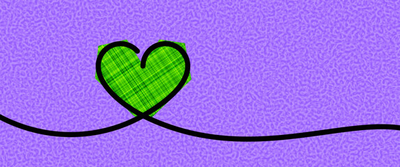 Wall Mural - A green plaid heart outlined in black on a textured purple background with a flowing black line. Vector illustration.