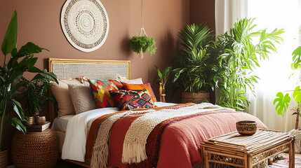 Wall Mural - inviting bohemian bedroom with mocha mousse walls, rattan furniture, colorful textiles and lush indoor plants. home decor inspiration and interior design idea in trendy colors of the year 2025.