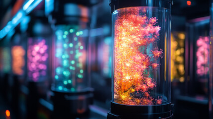 Poster - Glowing bioreactors with colorful molecular structures