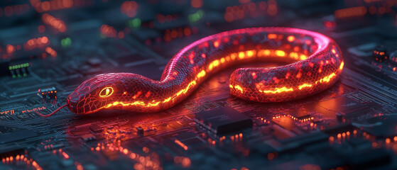 Poster - Glowing snake symbol on circuit board, vibrant and dynamic