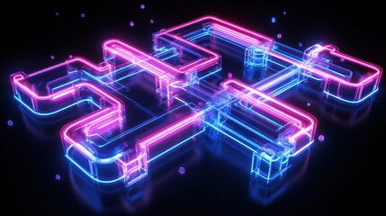 Poster - abstract neon pipe system glows pink and blue on a black surface, could be tech concept
