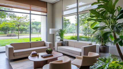 Wall Mural - spacious living room, contemporary workspace. interior design. chic coworking space featuring modern furniture, mocha mousse accents, large windows and greenery.