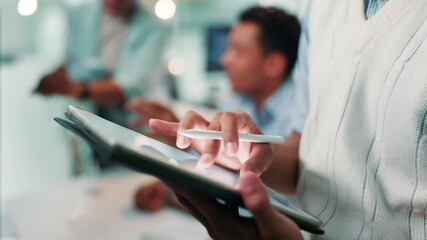 Poster - Man, hands and web designer writing with tablet for UI testing, UX or app development at office. Closeup, male person or software developer with pen on technology for online prototype or AI platform