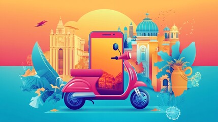 Aufkleber - Pink scooter emerging from smartphone screen with city in background