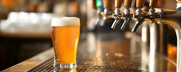 Aufkleber - Cold glass of beer standing on bar counter with taps in the background