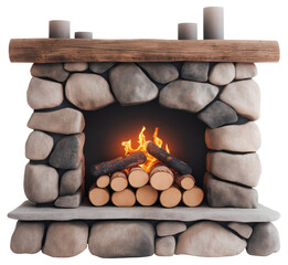 Cozy stone fireplace with crackling flames and neatly stacked firewood isolated on transparent background.