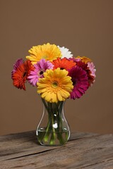 Wall Mural - Bouquet of beautiful gerbera flowers in glass vase on wooden table against brown background