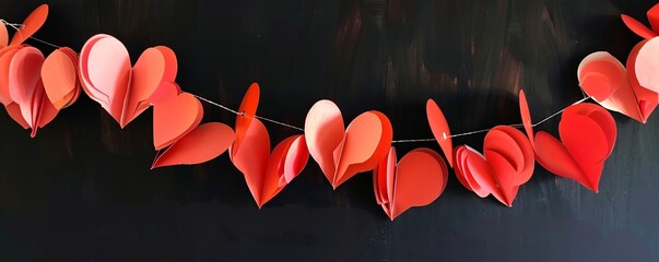 Poster - Romantic atmosphere created by a red paper hearts garland on a dark background