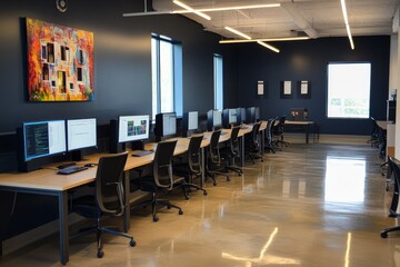 Modern computer lab with long desks, monitors, and artwork.
