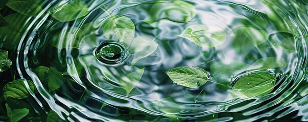 Poster - Concentric ripples forming on the surface of a pond surrounded by green leaves