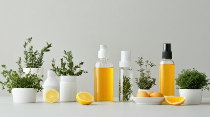 Fresh Herbal Ingredients with Oils and Lemons on Light Background