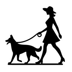 Wall Mural - A woman walking an australian kelpie dog on a leash black silhouette vector illustration