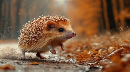 Wall Mural - a cute hedgehog runs quickly on a forest path among fallen leaves in autumn season