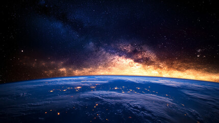 majestic view of earth from outer space, illuminated by a rising sun casting golden hues over the pl